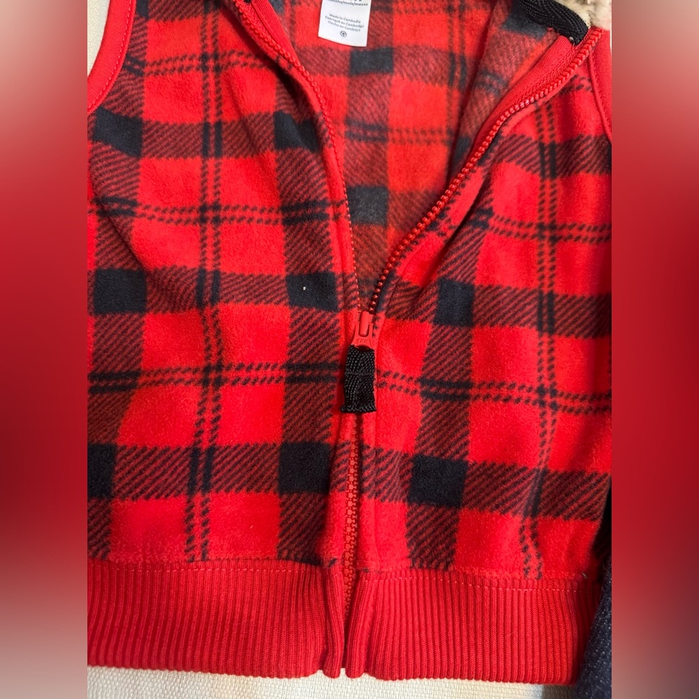 Carters | Red Plaid Fleece Vest and Blue Jeans Set | Size 12 Months - Picture 3 of 4